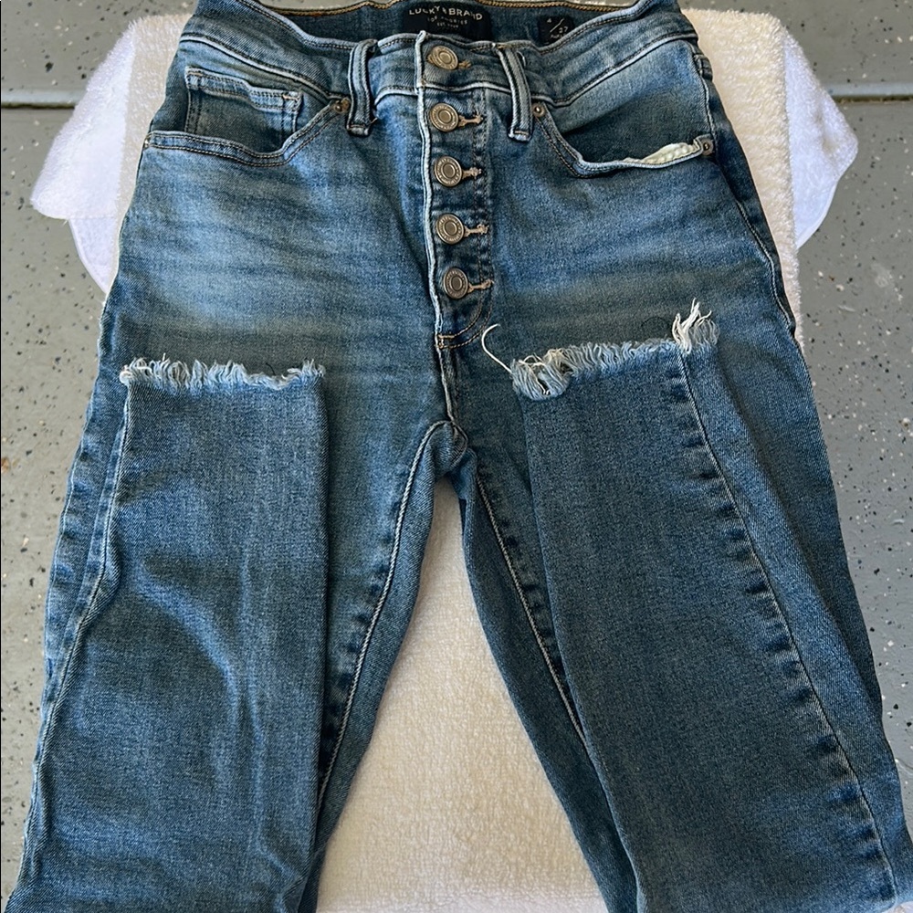 Lucky Brand High Rise Blue Jeans with Distressed Details